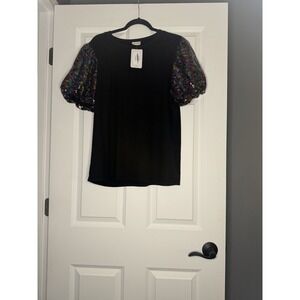 Lovely Melody All Night Ribbed Sequined Puff Sleeve Top 2xl Black Nwt 44